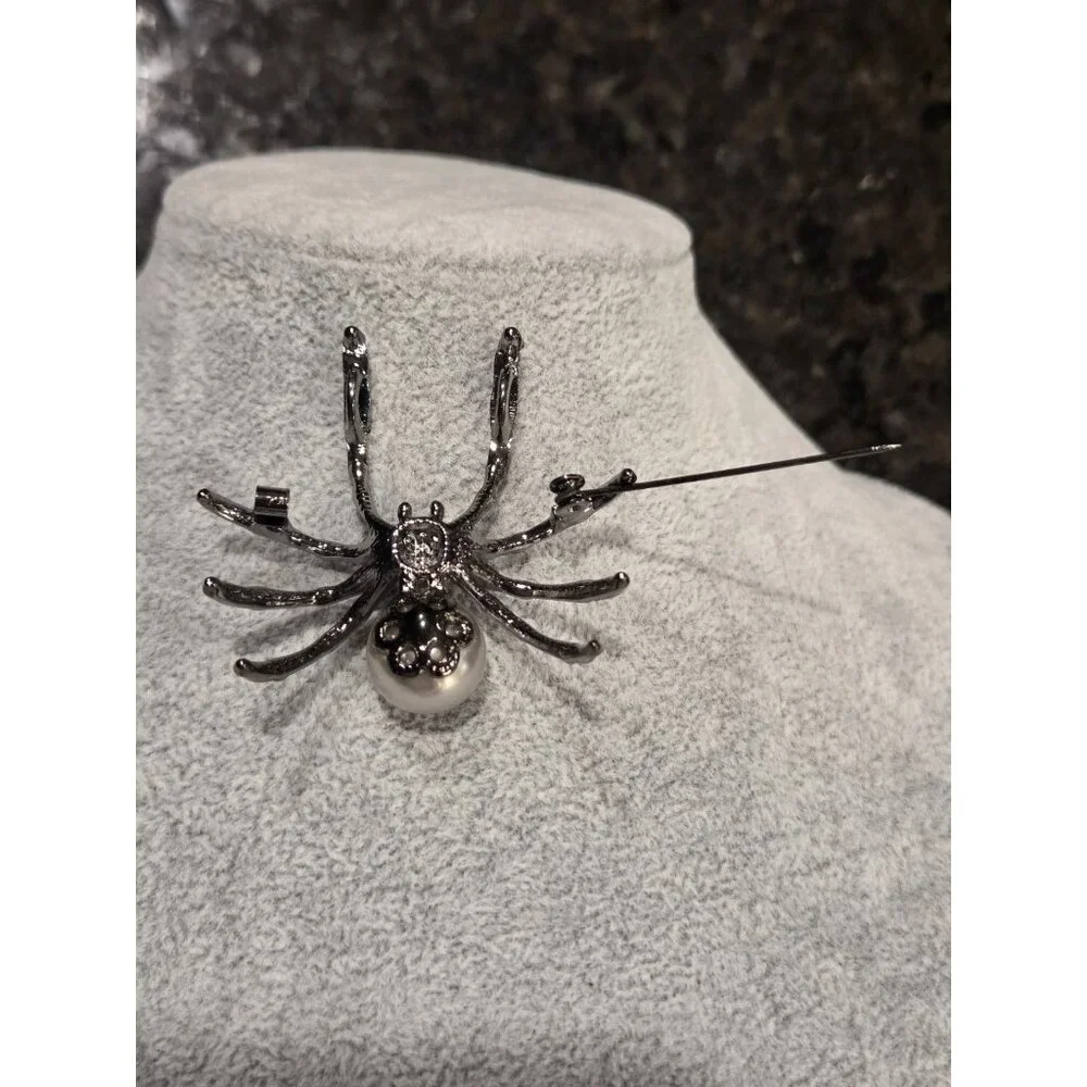 Gunmetal Spider Pendant Brooch Faux Silver Pearl Body & Black Rhinestone 2x1.75" - Picture 12 of 13